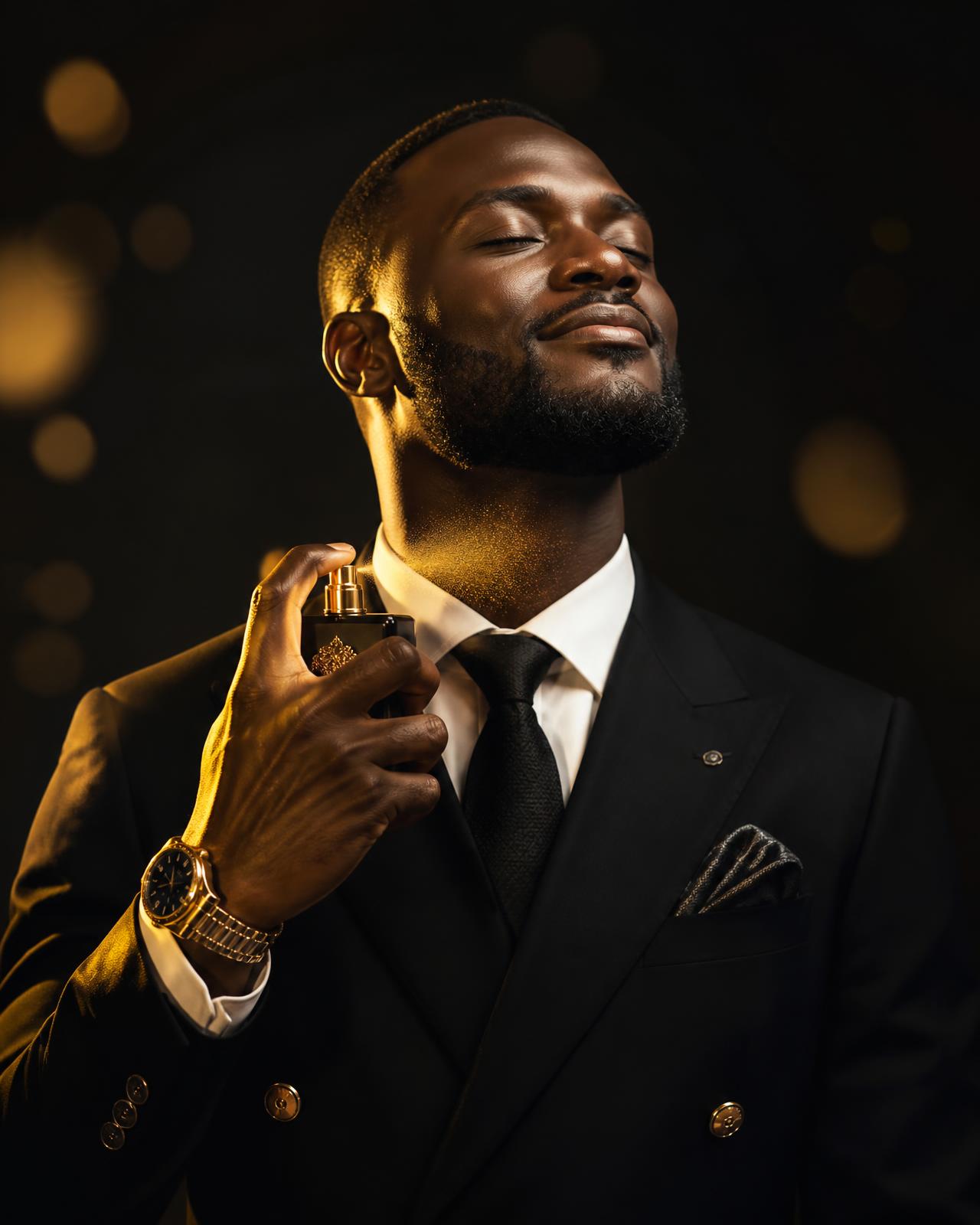 Confident Nigerian man spraying a long lasting premium perfume from Jes Perfumes